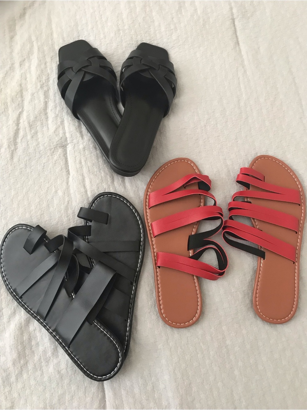 Women’s Strappy Slide Sandals in Black and Red